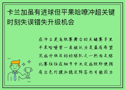 卡兰加虽有进球但平果哈嘹冲超关键时刻失误错失升级机会